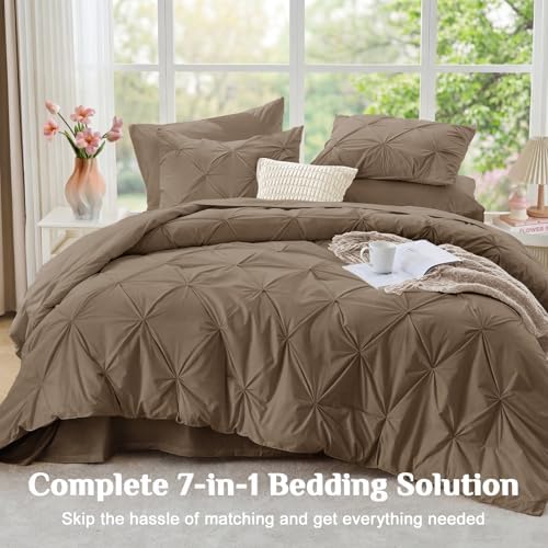JOLLYVOGUE Full Size Comforter Sets 7 Pieces - Bed in a Bag Full for All Season, Pintuck Bedding Comforter Sets with Comforter, Flat Sheet, Fitted Sheet and Pillowcases & Shams, Brown