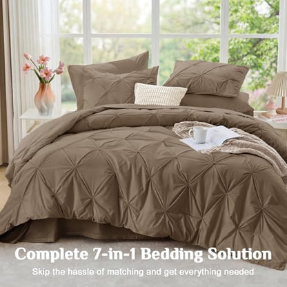 JOLLYVOGUE Full Size Comforter Sets 7 Pieces - Bed in a Bag Full for All Season, Pintuck Bedding Comforter Sets with Comforter, Flat Sheet, Fitted Sheet and Pillowcases & Shams, Brown