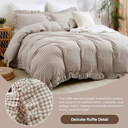 ATsense Tan Gingham Ruffle Duvet Cover Bedding Set Cotton Like Linen, Full