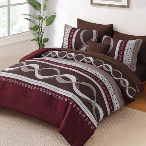 Red Brown Comforter Set King Size,8 Pieces Patchwork Striped Bed in a Bag