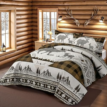 3 Piece Cabin King Size Quilt Sets Farmhouse Rustic Reversible Microfiber Soft Lightweight Bedspread Comforter with 2 Shams Patchwork Country Lodge Bedding Quilts Set for All Season, 106''x96'', Brown