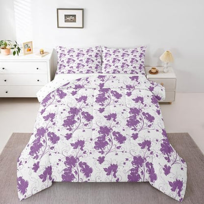 jejeloiu Purple Flower Comforter Set Toddler Size Kids Floral Bedding Set for Boys Girls Teens Botanical Duvet Breathable Minimalist Aesthetics Quilt Bedroom Decor,1 Comforter with 1 Pillowcase