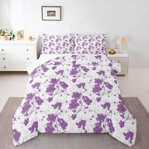 jejeloiu Purple Flower Comforter Set Twin Size Kids Floral Bedding Set for Boys Girls Teens Botanical Duvet Breathable Minimalist Aesthetics Quilt Bedroom Decor,1 Comforter with 1 Pillowcase