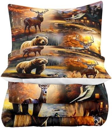 LUVIVIHOME 3PCS Bear Deer Comforter Set King Size, Elk Moose Mallard Duck Autumn Woodland Forest Animal Wildlife Hunting Camo Hunter Country Lodge Rustic Farmhouse Cabin Bedding Sets, 2 Pillow Shams