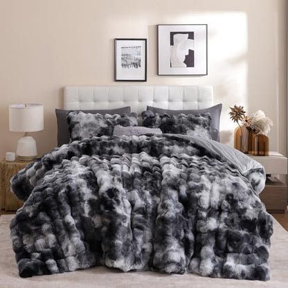 YIKUSH King Faux Fur Soft Comforter Set, Fluffy Bedding Set, Tiedye Grey