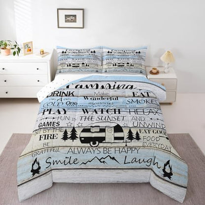 Manfei Rustic Adventure Camper Kids Comforter Set Twin Size,Happy Camping Cabin Lake House Bedding Set,Girls Boys Room Decor,Cottage Wooden Door Quilt Comforter,Country Duvet Insert,1 Pillowcase