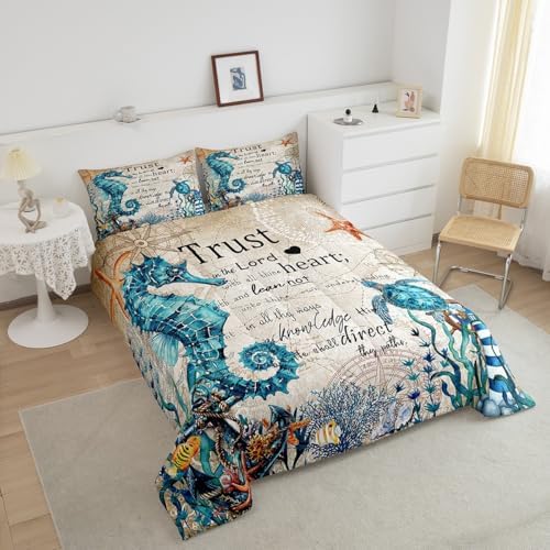 Homewish Seahorse Turtle Comforter Set Full Size,Nautical Anchor Lighthouse Bedding Sets for Kids Girls Boys Teens Room Decor,Ocean Animals Quilt Set Vintage Bible Quotes Duvet Insert,2 Pillowcases