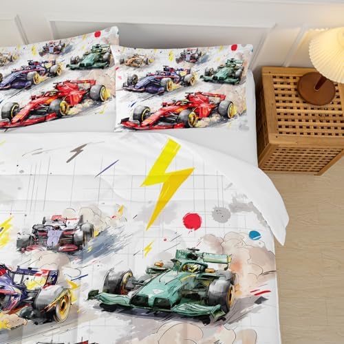 Race Car Comforter Queen Size,Race Car Kids Comforter Set,3Pcs Bedding Set Printed Comforter with 2 Pillowcases,Down Alternative,Soft and Lightweight,for All Seasons