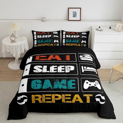 Boys Gaming Comforter Sets for Kids Queen Size Gamer Bedding Set Teens Video Games Comforter Duvet Room Decor Funny Creative Eat Sleep Game Repeat Design Reversible Inner Fill Quilt Set All Season