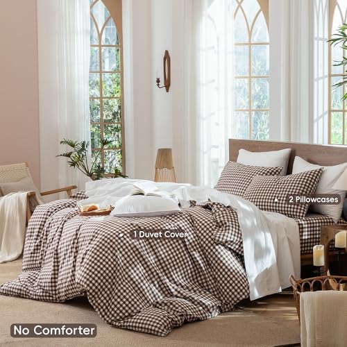 MooMee Gingham Duvet Cover Set 100% Washed Cotton Linen Like