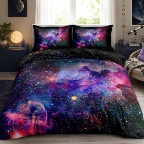 Galaxy Duvet Cover Space Bedding Set Twin Size for Teen Kids, for Boys and Girls Purple Bed Set Printed with 1 Comforter Cover and 2 Pillowcases