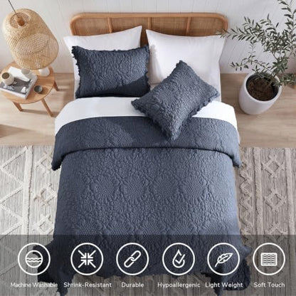 HORIMOTE HOME Shabby Chic Ruffled Quilt King Size,Navy Blue Floral Quilt Set Lightweight Crinkled Farmhouse Rustic Bedding Set, 3 Pieces Reversible Bedspread with Pillow Shams for All Season