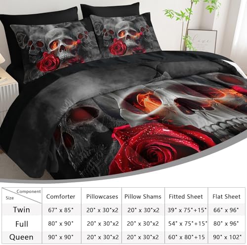 AILONEN Gothic Skull Comforter Set Queen,7-Piece Romantic Rose Smoky Skull Bed in a Bag for Boys Girls Kids,Soft Comforter & Fitted Sheet with Flat Sheet & 2 Pillowcases,2 Pillow Shams for Bedroom