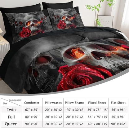 AILONEN Gothic Skull Comforter Set Queen,7-Piece Romantic Rose Smoky Skull Bed in a Bag for Boys Girls Kids,Soft Comforter & Fitted Sheet with Flat Sheet & 2 Pillowcases,2 Pillow Shams for Bedroom