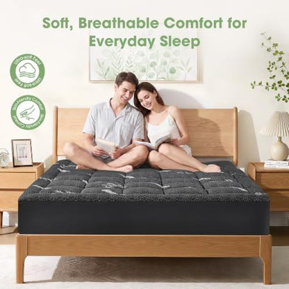 Mattress Pad Twin XL Size, Cooling Pillow Top Mattress Topper, Ultra Soft Viscose Made from Bamboo, Breathable for Hot Sleepers, Deep Pocket 8"-20", Black