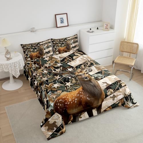 Feelyou Rustic Farmhouse Bedding Comforter Sets Toddler Size, Hunting Deer Down Comforter, Western Farmhouse Comforter Set, Wild Animal Duvet Insert, Camo American Flag Quilt