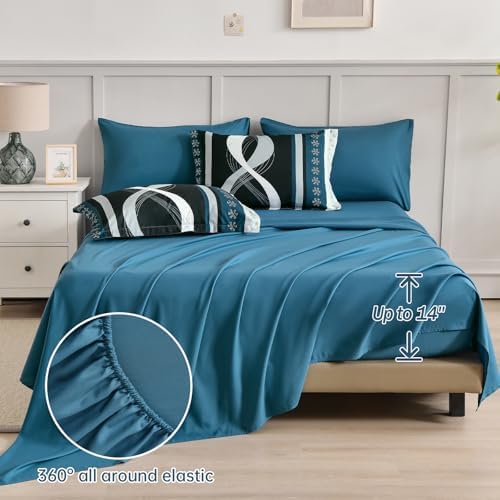Anibedding Teal Comforter Set King Size,8 Piece Patchwork Striped Bed Set