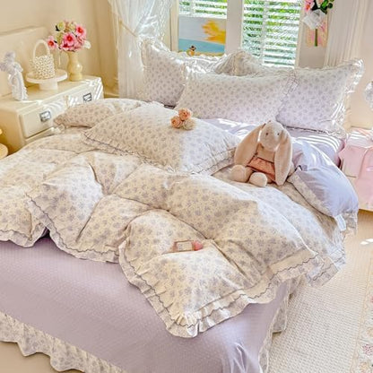 Vintage Flower Duvet Cover Set Full Size, 3 Piece Coquette Duvet Cover with Ruffle Lace, 100% Cotton Violet Flower Botanical Bedding Set, Aesthetic Floral Cottagecore Comforter Cover for All Season