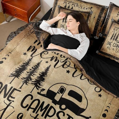 Erosebridal Camper Comforter Set 7 Pieces Bed in A Bag Full Size, Happy Camping Comforter Rv Decorations for Inside, Vintage Rustic Farmhouse Sheet Set, Sun Moon Starry Sky Bedding Sets, Reversible