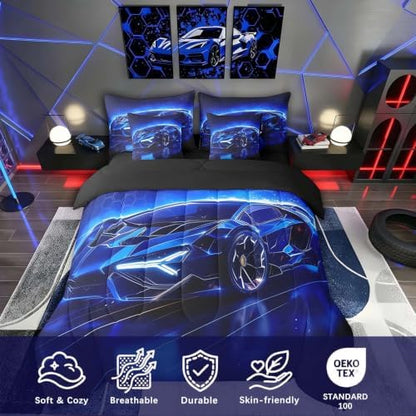 Feelyou Kids Boys Sports Car 7 Piece Bedding Set Full Size Blue Race Car Comforter Set with Sheets for Kids Teens Boys Girls Extreme Sports Theme Bed in a Bag Speed Luxury Car Bed Set