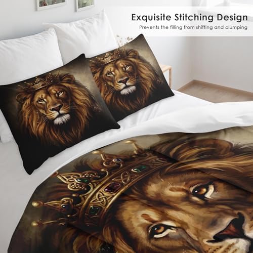 Pamnest Comforter Set Full Size, King Lion Golden Soft 3 Pcs Bedding for Kids and Adults, Animal Painting Cat Comforter Set with 2 Pillowcases, for Bedroom Bed Decor