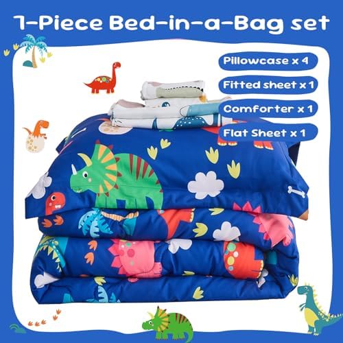 Wajade 7 Piece Kid Boys Dinosaur Comforter Set Twin Size 3D Blue Dinosaur Wild Park Jungle Print Bedding Set with Comforter, Sheet Set, Pillowcase and Sham