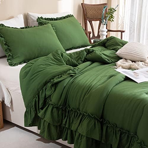 Masaca Olive Green Comforter Set Queen,Farmhouse Bedding Queen Size Comforter Set with Ruffle,Shabby Boho Chic French Country Dark Green Bedding Sets 3 Pieces