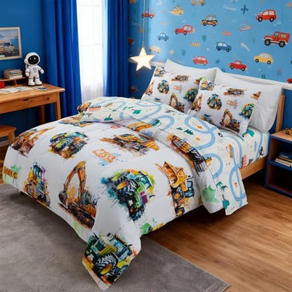 Holawakaka Trucks Excavator Boy Twin Bedding Comforter Set with Sheets