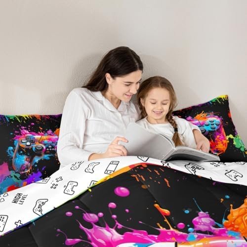 Watercolor Gamepad Comforter Set,Colorful Tid-dye Bedding Set for Kids Girls Women,Adults Modern Video Games Reversible Comforter,Hip-hop Style Quilted Duvet Set Bedroom Collection Twin Size 2Pcs