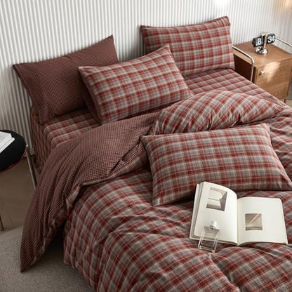 LifeTB Vintage Red Plaid Duvet Cover Bedding Set Full, 100% Washed Cotton Red&Blue Retro Plaid Checkered Comforter Cover, Reversible Gingham Duvet Cover Breathable Soft Grid Farmhouse Bedding Set