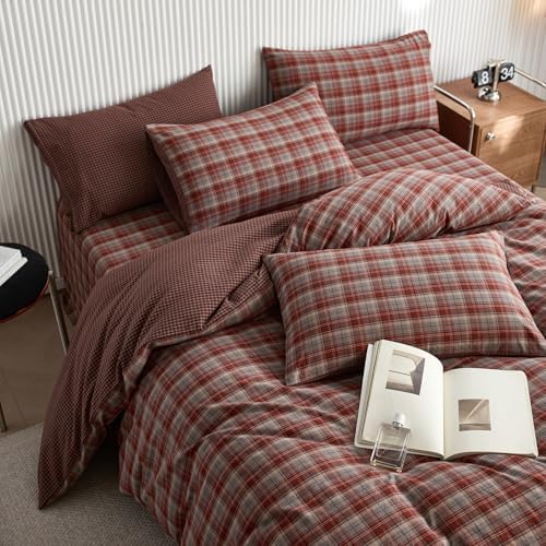 LifeTB Vintage Red Plaid Duvet Cover Twin, Soft 100% Washed Cotton Bedding Set Red&Blue Grid Comforter Cover, Retro Plaid Checkered Bedding Set Farmhouse Gingham Duvet Cover with Zipper Closure