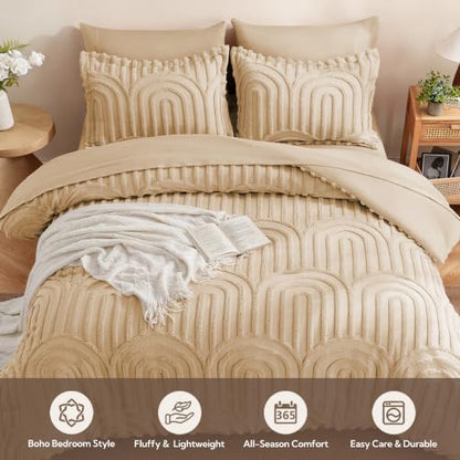 MR&HM Boho Comforter Set King 7pcs, Khaki Western Arch Tufted Bedding Set