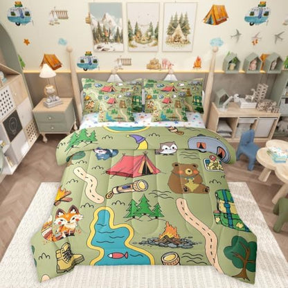 Erosebridal Camping Themed Bedding Set for Kids Teens,Cartoon Animal Comforter Set Twin Size,Camping Lover (Comforter+Fitted+Flat Sheet+2 Pillowcases+2 Throw Pillow Covers) 7 Pieces Bed Set