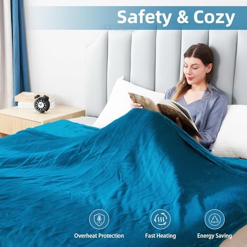Eydna Electric Heated Blanket Queen Size 84"x90", Soft Plush Microplush for Bed, Dual Controllers & Heating Zones, 10Hs Auto Off & 5 Heating Levels, Machine Washable, Gifts for Womens-Blue Green