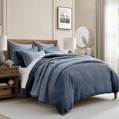 Levtex Home Cloud Waffle Full/Queen Comforter Set (90x94in) with 2 Pillow Shams (26x20in) - Solid Waffle Cotton Texture - Navy - 100% Cotton Full/Queen Size Comforter Set - Soft, Pre-Washed