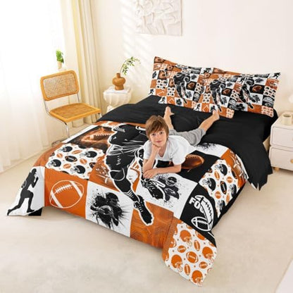 Erosebridal Sports Geometric Comforter Sets with Sheets - Football Bedding Set Full for Boys Girls Rugby 7Pcs Bed in a Bag, Cool Sports Game Bed Set