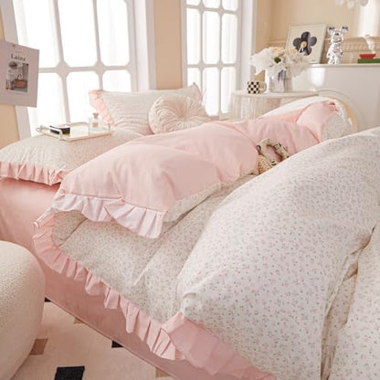 VM VOUGEMARKET Pink Flower Duvet Cover Set Queen Romantic Girls Ruffle Lace Bedding Set Soft Cotton Girls Duvet Cover with 2 Pillow Shams