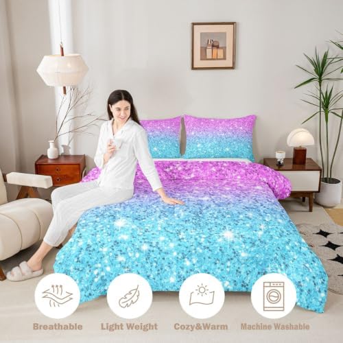 Colorful Glitter Bedding Full Girly Turquoise Teal Blue Pink Pastel Girls Comforter Set 3 Pcs Trendy Quilt Duvet for Kid Women Down Comforter with Sparkle Sequin Pattern Bling Bedroom Decor Bed Cover