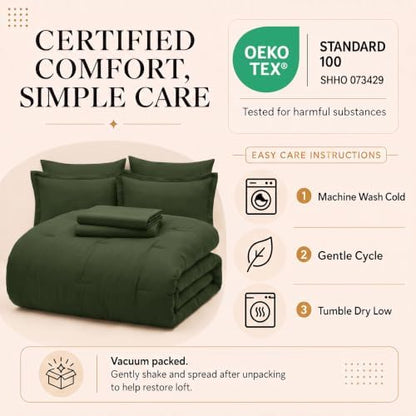 CozyLux King Size Comforter Set Olive Green, 7 Pieces Bed in a Bag