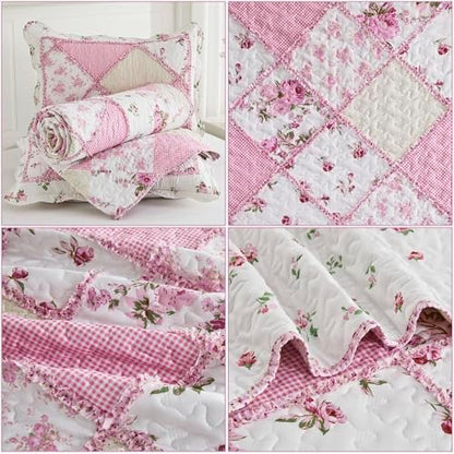 VIVILINEN King Size Quilt Set Pink Floral Patchwork Bedspread Coverlet Set