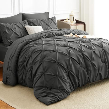 HIMEET Full Size Comforter Set Dark Grey - 7 Pieces Pintuck Bed in a Bag