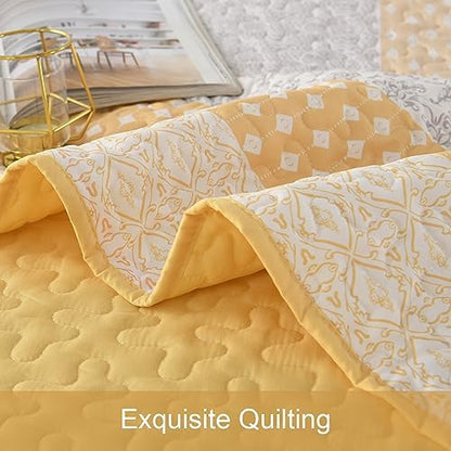 WONGS BEDDING Yellow King Size Quilt Set,Boho Striped Patchwork Bedspread