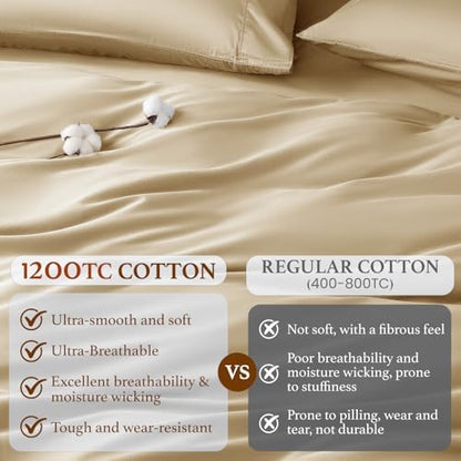DEITAS 100% Cotton Queen Duvet Covers 3 Piece,1200 Thread Count，Beige