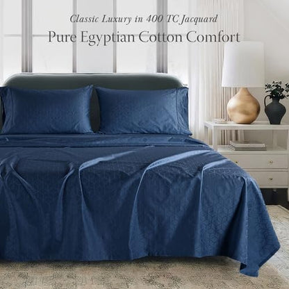 Threadmill 400TC Egyptian Cotton Queen Sheet Set, Jacquard, Folkstone Blue