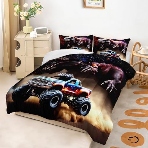 AILONEN Boys Dinosaur and Truck Bedding Set Twin,3D Starry Dinosaur Comforter Set,Monster Truck Comforter Set,Kids Soft Microfiber Bedding Printed Comforter with 2 Pillowcases,3-Piece