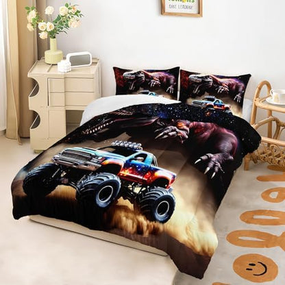 AILONEN Boys Dinosaur and Truck Bedding Set Twin,3D Starry Dinosaur Comforter Set,Monster Truck Comforter Set,Kids Soft Microfiber Bedding Printed Comforter with 2 Pillowcases,3-Piece