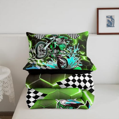 Racing Bedding Set Green Neon Lights Honeycomb Comforter Set Motorbike Dirt Bike Quilt Geometric Hexagon Moto Extreme Sports Full Size Duvet Insert,Black White Grid Lattice Buffalo Plaid Decor