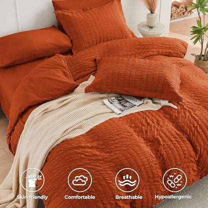 HYMOKEGE Burnt Orange King Size Comforter Set Seersucker 7 Pieces, All Season Luxury Bed in a Bag for Bedroom, Bedding Set with Comforters, Sheets, Pillowcases & Shams