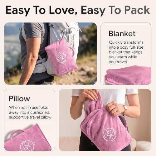 2-in-1 Travel Blanket and Pillow – Lightweight, Compact, Ultra Soft, Machine Washable – Handle, Luggage Sleeve, Backpack Clip – for Trave Airplane, Car, Office (light pink)