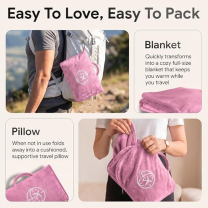 2-in-1 Travel Blanket and Pillow – Lightweight, Compact, Ultra Soft, Machine Washable – Handle, Luggage Sleeve, Backpack Clip – for Trave Airplane, Car, Office (light pink)